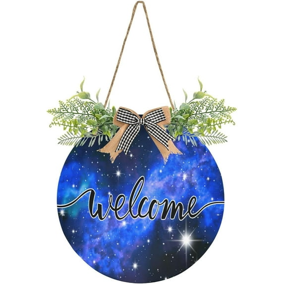 Welcome Sign with Wreath for Front Door, Rustic Round Hanging Welcome Sign, Wall Housewarming Gift for Home 11.8in, Starry Night Sky Home Decor