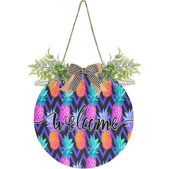 Welcome Sign with Wreath for Front Door, Rustic Round Hanging Welcome Sign, Wall Housewarming Gift for Home 11.8in, Tropical Pineapple Home Decor