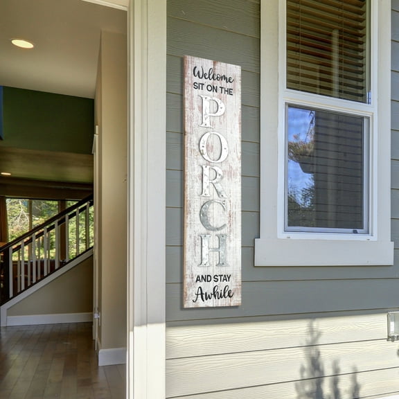 Porch Sign for Front Door, Welcome Sit on the Porch Wood Sign, 30x7.5 Inch Rustic Wall Decor, Farmhouse Wedding & Housewarming Gift, Ready to Hang