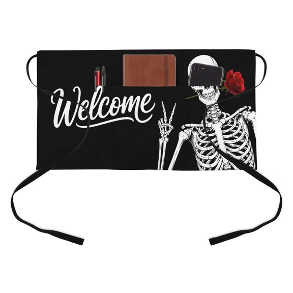 Welcome Skeleton Half Waist Apron Abstract Funny Skull Skeleton Bone Biting A Rose Black Short Waiter Aprons with 3 Pockets for Women Men Kitchen Restaurant Cooking