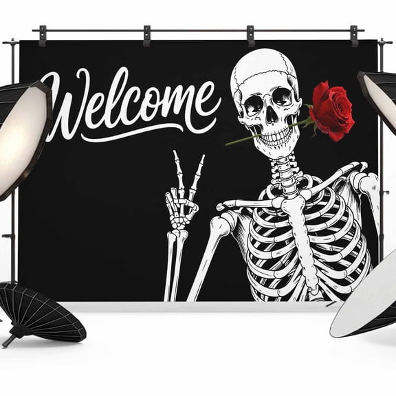 Welcome Skeleton Photography Backdrop 7x5FT, Abstract Funny Skull Skeleton Bone Biting A Rose Black Photo Backdrops, Background for Photography Studio, Back Drop for Photoshoot