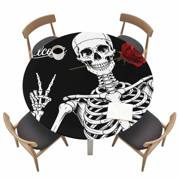 Welcome Skeleton Round Fitted Tablecloth with Elastic Edge Abstract Funny Skull Skeleton Bone Biting A Rose Black Table Cover Fit for 36"-44" Tables Waterproof Tablecloths for Dinner Camping Picnic