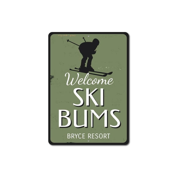 Welcome Ski Bums Skiier Sign, Ski Location Resort Name Decor, Custom Skiing Ski Lover Aluminum Sign - 4x18 inches