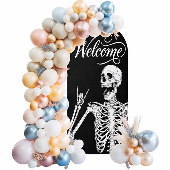 Welcome Skull Arch Backdrop Cover 6.6 FT Funny Skeleton Abstract Black Background Stretchy Elastic Arch Stand Covers Spandex Arched Background Birthday Wedding Party Decoration (No Stand)