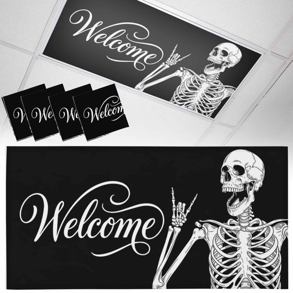 Welcome Skull Fluorescent Light Covers Funny Skeleton Abstract Black Background Magnetic Light Filters Ceiling Lighting Panel Shade for Classroom Office Home 2 x 4 ft, 4 Pack