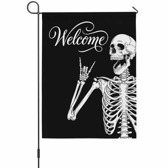 Welcome Skull Garden Flag 12 x 18 Inches, Funny Skeleton Abstract Black Background Weather Proof Outdoor Patio Flags Double Sided Small Garden Decoration for Yard Outside Home
