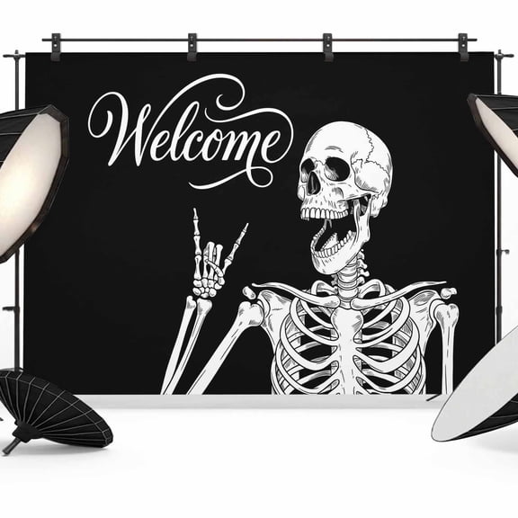 Welcome Skull Photography Backdrop 7x5FT, Funny Skeleton Abstract Black Background Photo Backdrops, Background for Photography Studio Photo Studio Background, Back Drop for Photoshoot
