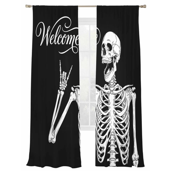 Welcome Skull Sheer Curtains 2 Panels Set Funny Skeleton Abstract Black Background Sheer Window Curtains Light Filtering Rod Pocket Voile Drapes for Bedroom Living Room 52"X108"
