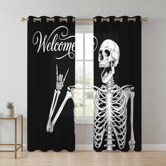 Welcome Skull Sheer Curtains 96 Inch Long 2 Panels, Funny Skeleton Abstract Black Background Light Filtering Semi Sheer Drapes Grommet Voile Window Curtain for Living Bedroom W52 x L96