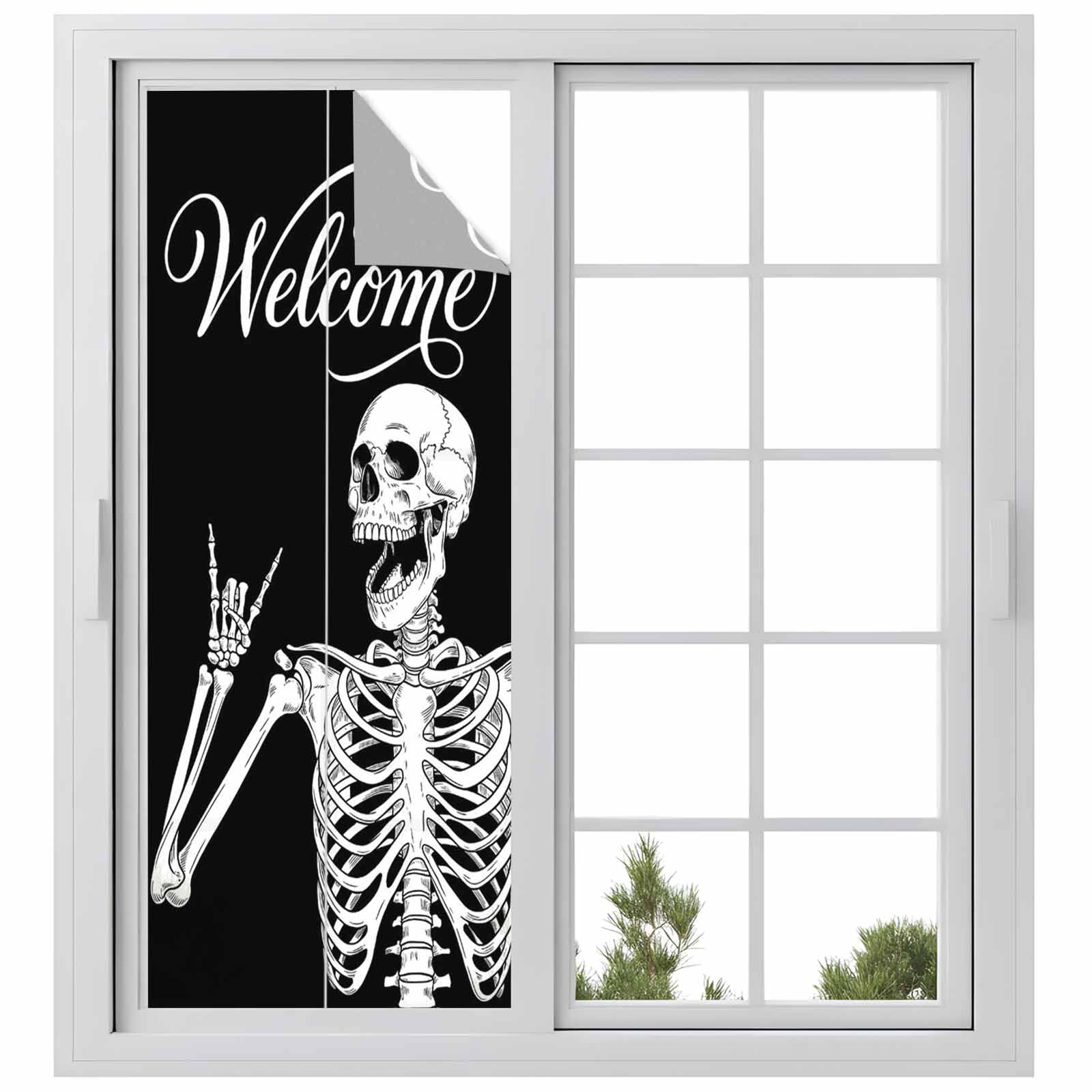 Welcome Skull Window Privacy Film, Funny Skeleton Abstract Black Background Frosted Glass Window Clings Static Cling UV Heat Blocking Reusable Door Sticker for Bathroom 23.6 x 59 Inch