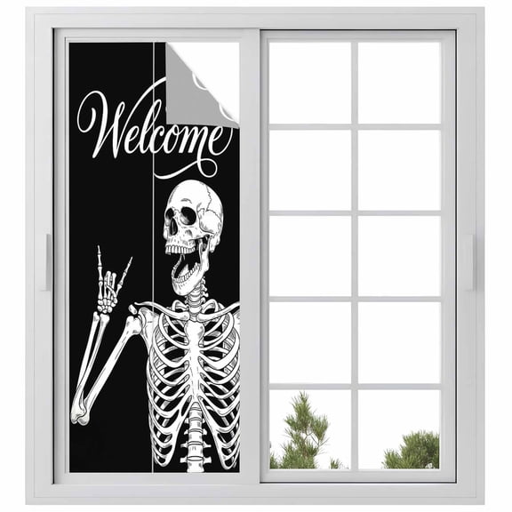 Welcome Skull Window Privacy Film, Funny Skeleton Abstract Black Background Frosted Glass Window Clings Static Cling UV Heat Blocking Reusable Door Sticker for Bathroom 23.6 x 59 Inch