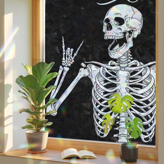 Welcome Skull Window Privacy Film, Funny Skeleton Abstract Black Background Stained Glass Rainbow Film Decorative Window Clings, Static Cling Sun Blocking Stickers 23.6" x 59"