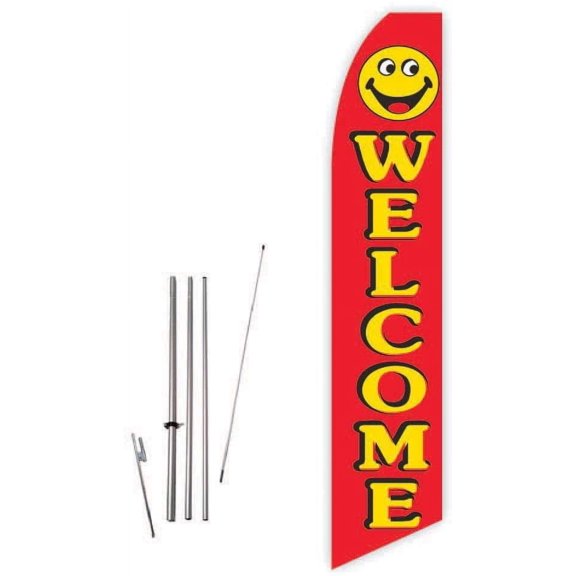Welcome Smiley Red/Yellow Super Novo Feather Flag - Complete with 15ft Pole Set and Ground Spike
