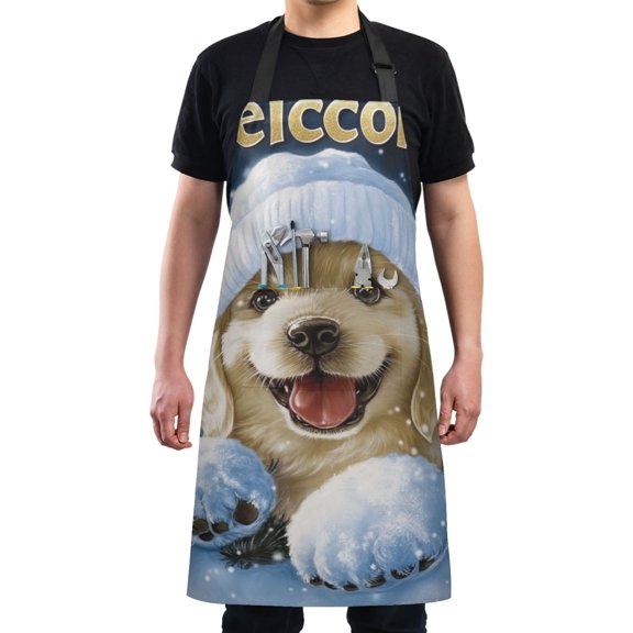 Welcome Snow Cute Dog Chef Kitchen Apron with Pockets for Women Waterproof Aprons for Cooking Baking