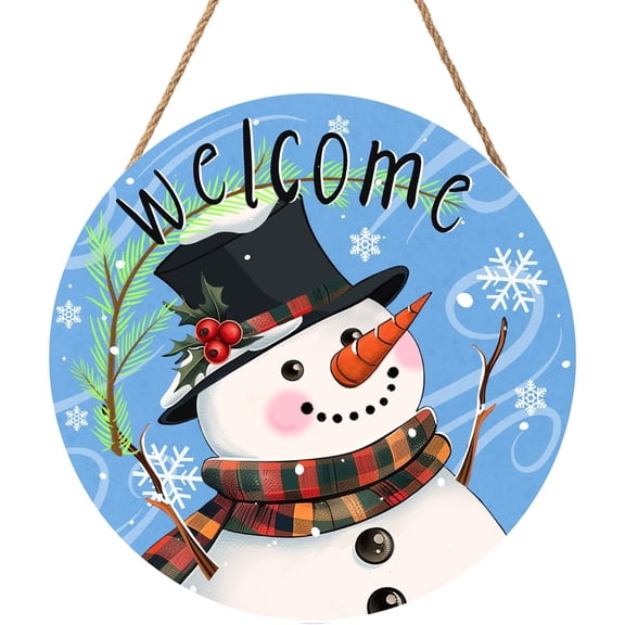 Welcome Snowman Blue Door Sign For Front Door Decor,Green Pine Branch Snowflakes Wooden Sign 12"x 12" Round Wood Hanging Door Sign Winter Decoration for Wall Rustic Decor