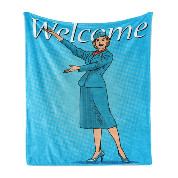 Welcome Soft Flannel Fleece Blanket, Stewardess Greeting Travel Airport and Flights Tourism Theme Pop Art Retro, Cozy Plush for Indoor and Outdoor Use, 50" x 70", Blue and Multicolor, by Ambesonne
