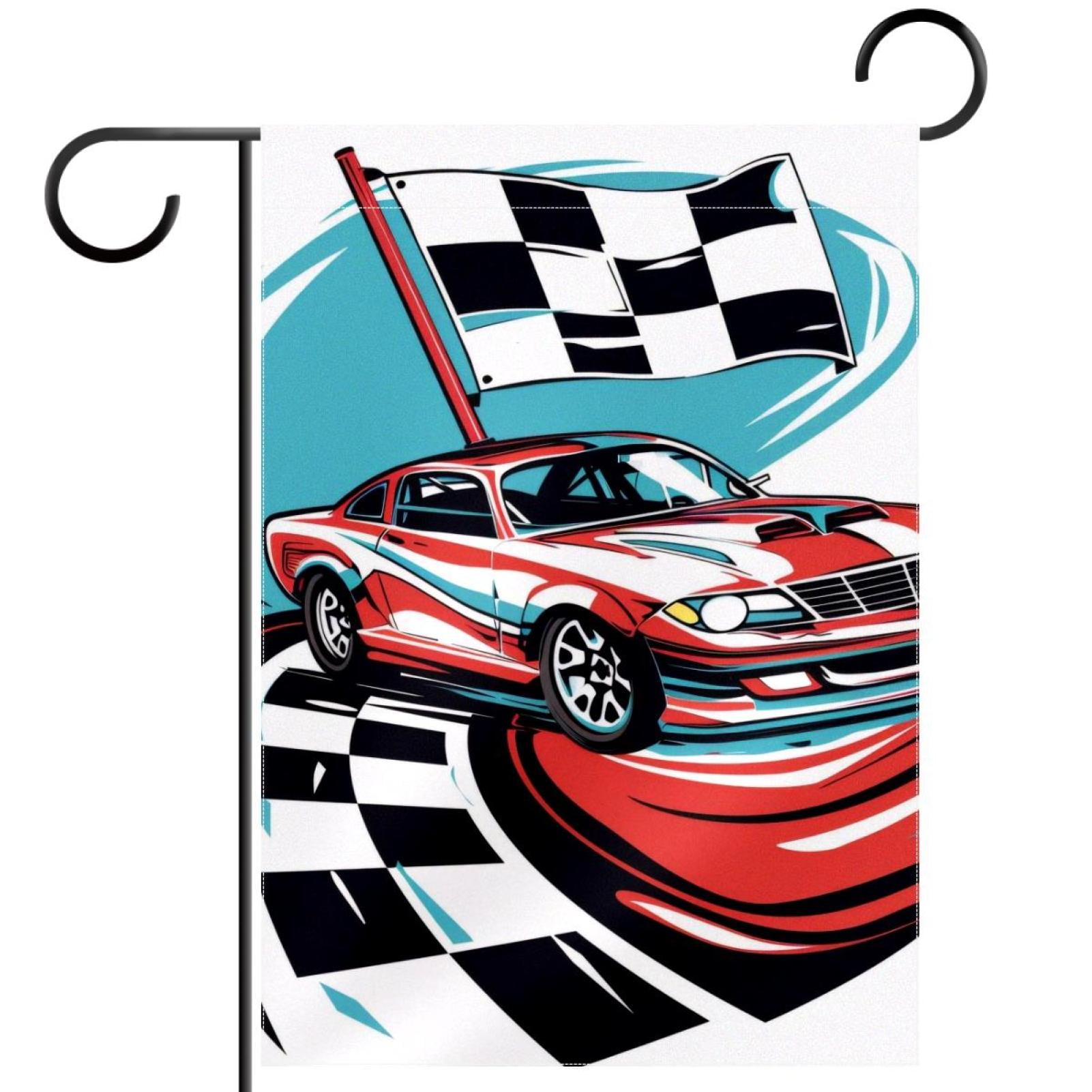 Welcome Speeding Racing Car with Checkered Flag Pattern Garden Flag, Vertical Double Sided Small House Flag, Yard Farmhouse Outdoor Deck Veranda Lawn Decor 28x40 Inch