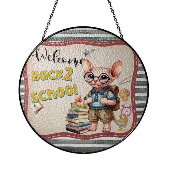 Welcome Sphynx Back to School Vintage Retro Stained Glass Suncatcher Cat Lover Kitten Owner Gifts Idea Window Hanging Sign Decor - 02012