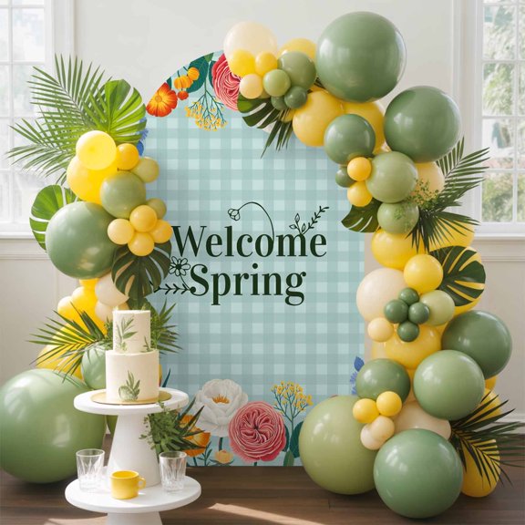 Welcome Spring Arch Backdrop Cover, 5FT, Watercolor Flowers Farmhouse Green Leaves Blue Plaid Spandex Arch Covers Double-Sided Backdrop for Wedding Birthday Party Photo Background Decoration