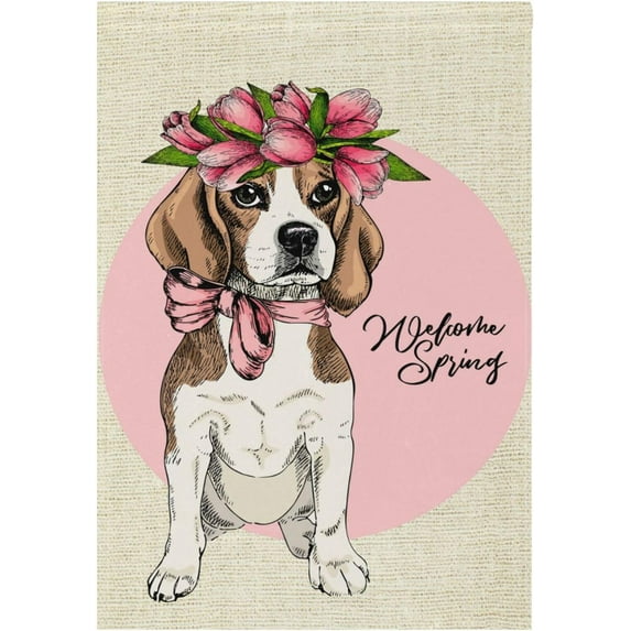 Welcome Spring Beagle Dog in Tulip Crown Garden Flag 12x18 Double Sided Burlap Blooming Pink Flowers House Yard Flags Welcome Spring Rustic Farmhouse Outdoor Banner Party Home Decor