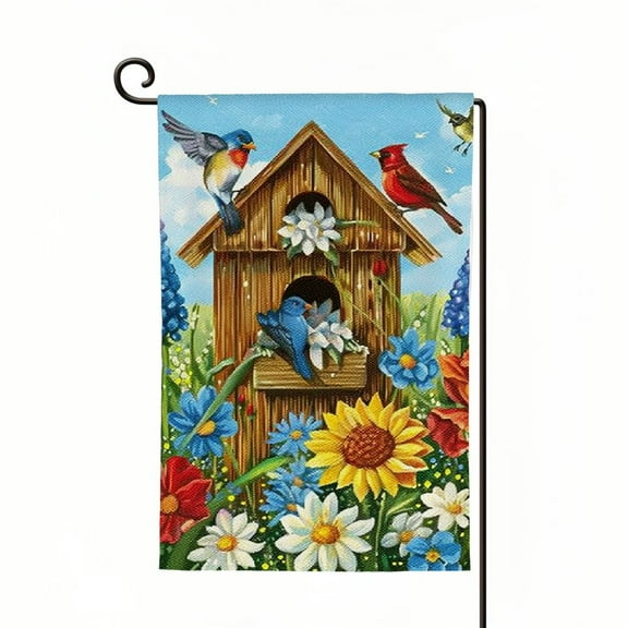 Welcome Spring Bird Garden Flag Double Sided Vertical, Burlap Small Floral Cardinal Birdhouse Garden Yard House Flags Outside Outdoor House Spring Summer Decoration