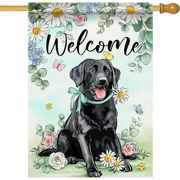Welcome Spring Black Labrador Dog Decorative House Flag, Pet Daisy Flower Eucalyptus Leaves Garden Yard Outside Decorations Dog Lover Gifts, Seasonal Outdoor Large Home Decor Double Sided 28x40