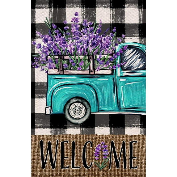 Welcome Spring Blue Truck Decorative Garden Flag, Lavender Flowers Buffalo Plaid Check Yard Outside Decorations, Summer Farmhouse Burlap Outdoor Small Home Decor Double Sided 12.5x18