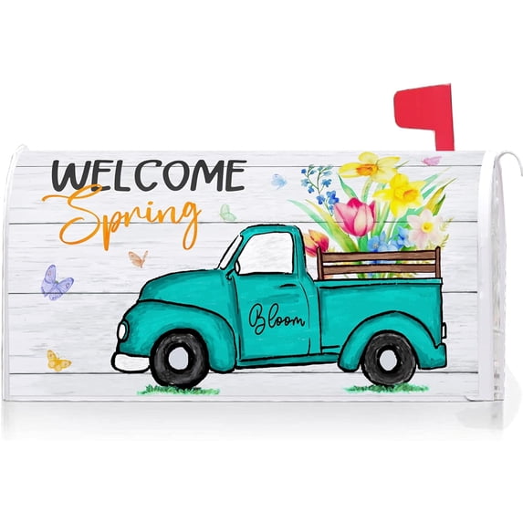 Welcome Spring Blue Truck Flower Bloom Decoration Mailbox Cover with Magnetic Strip Spring Summer Mailbox Wraps Post Letter Box Cover Standard Size 21" X 18" for Garden Outdoor Yard Decor