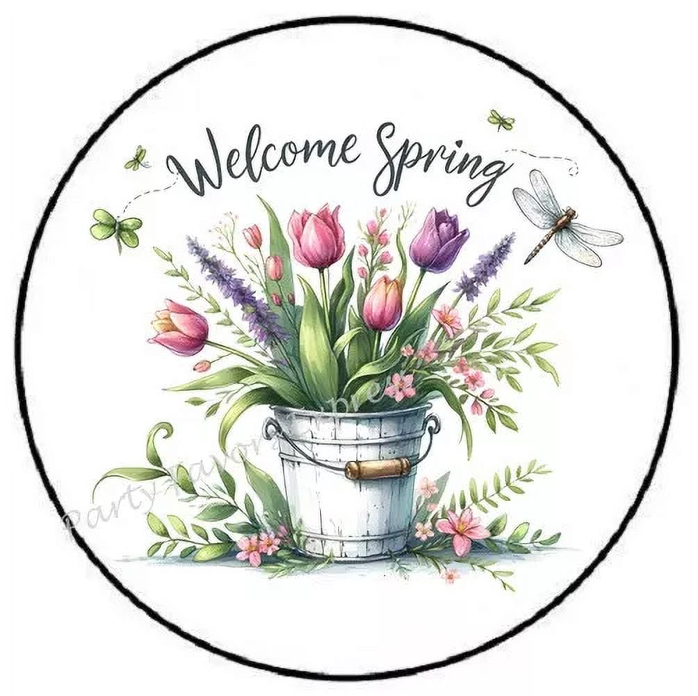 Spring Bucket Lables Welcome Spring Bucket Of Tulips Sticker Party Favors Sticker Envelope ...