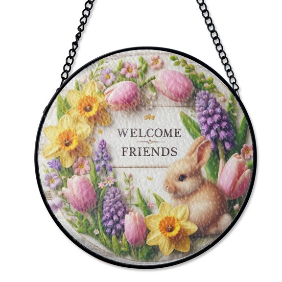Welcome Spring Bunny With Tulips And Daffodils Stained Glass Suncatcher Colorful Easter Yard Art