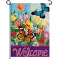 thumbnail image 1 of Welcome Spring Butterflies Flowers Home Decorative Garden Flag, House Yard Floral Tulips Daisies Leaves Plant Outside Decor, Summer Vintage Farmhouse Outdoor Small Decoration Double Sided 12x18, 1 of 5