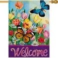 thumbnail image 1 of Welcome Spring Butterfly Flowers Large Decorative House Flag, Floral Tulip Daisy Yard Garden Outside Decor, Summer Vintage Farmhouse Outdoor Home Burlap Decoration Double Sided 28 x 40, 1 of 6