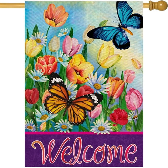Welcome Spring Butterfly Flowers Large Decorative House Flag, Floral Tulip Daisy Yard Garden Outside Decor, Summer Vintage Farmhouse Outdoor Home Burlap Decoration Double Sided 28 x 40