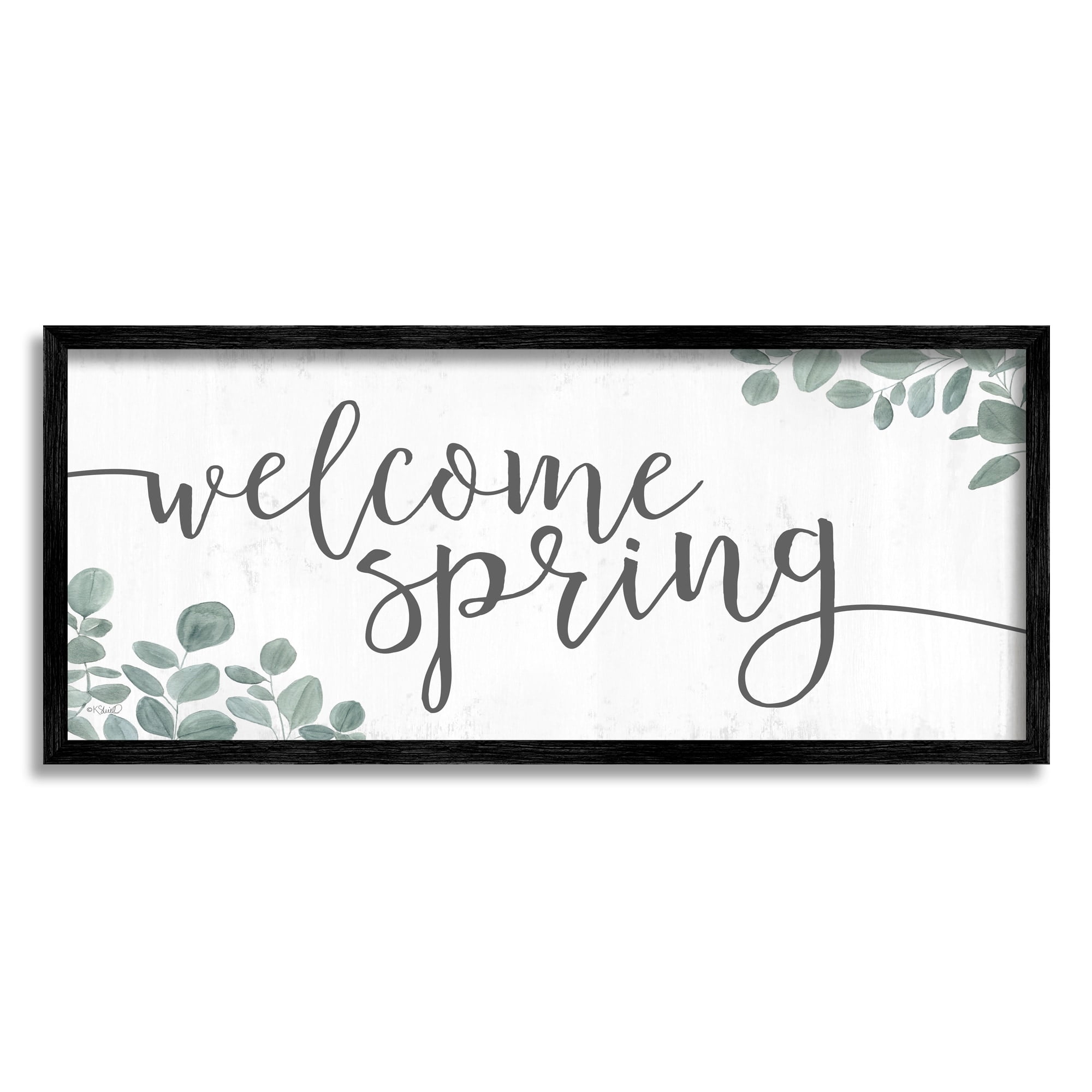 Welcome Spring Calligraphy Phrase Casual Eucalyptus Botanicals Inspirational Graphic Art Framed Art Print Wall Art