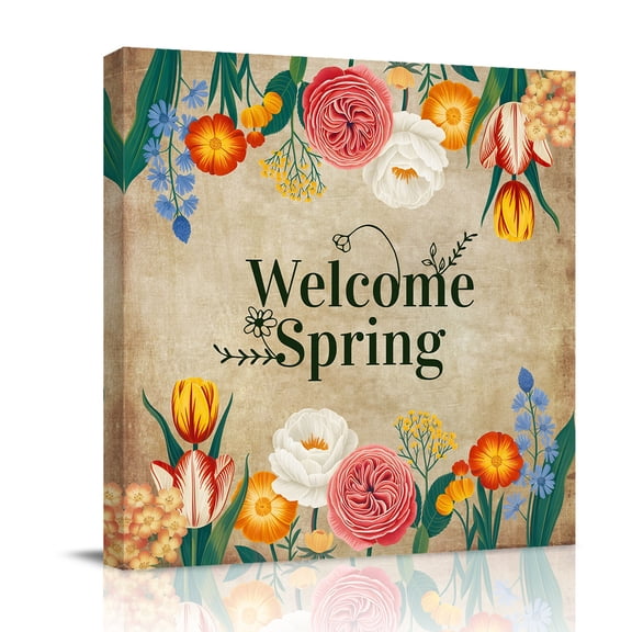 Welcome Spring Canvas Wall Art for Living Room, Watercolor Flowers Farmhouse Green Leaves Vintage Poster Print Painting for Bedroom Office Home Decoration Wall Pictures Prepare To Hang 12"x12"
