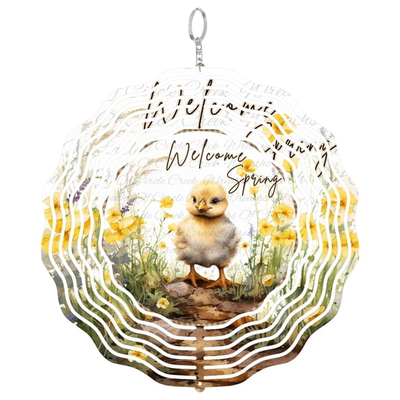 Welcome Spring Chick Floral 3D Wind Spinner Hanging, Round UV Printed Tinplate, Easter Porch Decor,