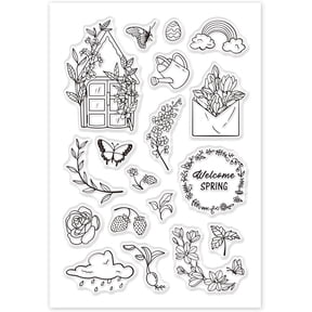 Welcome Spring Clear Stamps Flower Plant Butterfly Silicone Stamp for Card Making Decoration and DIY Scrapbooking for DIY