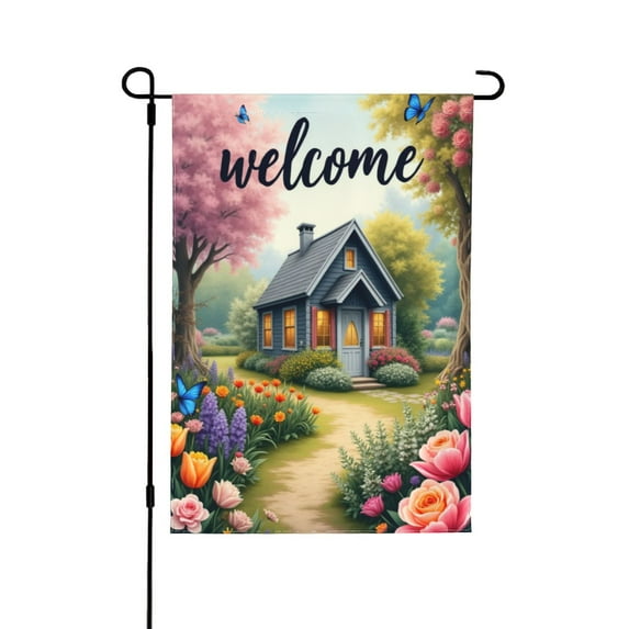 Welcome Spring Cottage Garden Flag 12x18 Inch Double Sided， Floral Butterfly House Yard Flag Outdoor Decor， Seasonal Farmhouse Banner