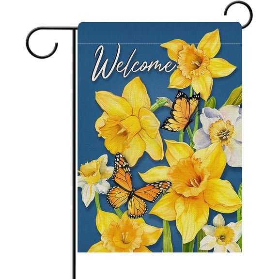 Welcome Spring Daffodil Flower 28 x 40 House Flag Double Sided, Summer Yellow Floral Butterfly Garden Yard Decorations, Seasonal Burlap Outdoor Decor Decorative Large Flag