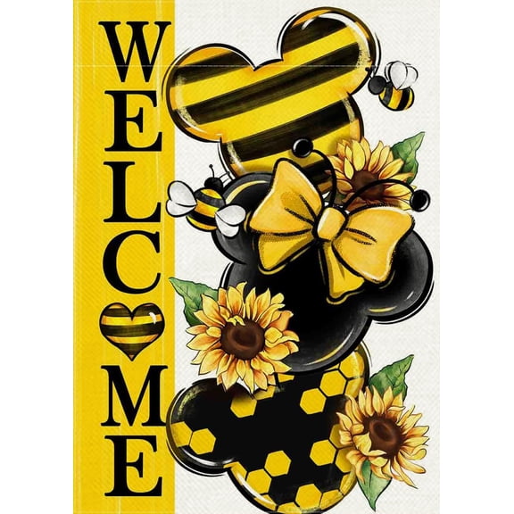 Welcome Spring Decorative Garden Flag, Yellow Sunflower Honey Bumble Bee Yard Outside Decorations, Seasonal Burlap Outdoor Small Home Decor Double Sided 12 x 18