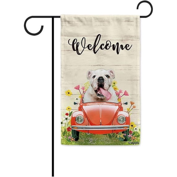 Welcome Spring Dog Garden Flag Adorable White Bulldog Puppy Driving a Vintage Car Summer Flowers and Lawn Decor Home Banner for Outside 30x45 cm Print Both Sides