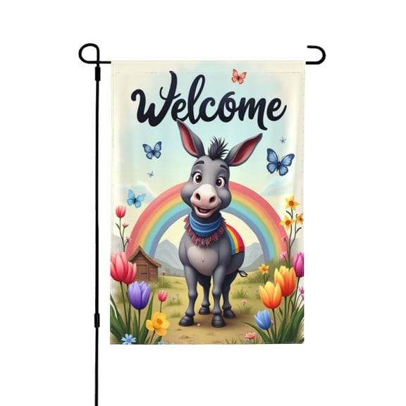 Welcome Spring Donkey Garden Flag 12x18 Inch Double Sided Rainbow Flowers Butterfly Yard Outdoor Decoration