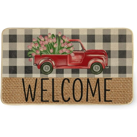 Welcome Spring Door Mat 17 x 29 Inch, Seasonal Truck Flower Decorative Doormat Non-Slip Rubber Backed Entryway Rugs for Indoor Outdoor Entrance Floor DM057