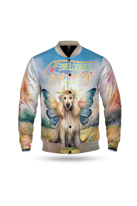 Welcome Spring Fairy Afghan Hound in Flower Meadow All Over Print 3D Baseball Jacket Dog Lover Bomber Jacket Softball - 13002