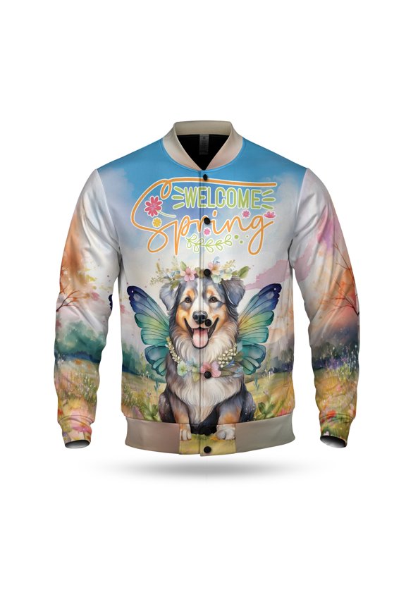 Welcome Spring Fairy Australian Shepherd in Flower Meadow All Over Print 3D Baseball Jacket Aussie Dog Lover Gifts Bomber Jacket Softball - 13002