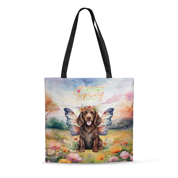 Welcome Spring Fairy Boykin Spaniel in Flower Meadow All Over Print 3D Canvas Tote Bag Dog Lover Reusable Handbag - 13002