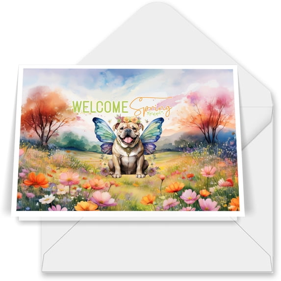 Welcome Spring Fairy Bulldog in Flower Meadow 7x5in Folded Greeting Card Dog Lover Gifts Idea Single Note Card with Envelope - 13002