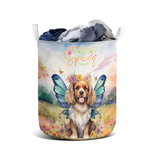 Welcome Spring Fairy Cavalier King Charles Spaniel in Flower Meadow Foldable Laundry Basket Dog Lover Gifts Organizer Storage with Handles - 13002