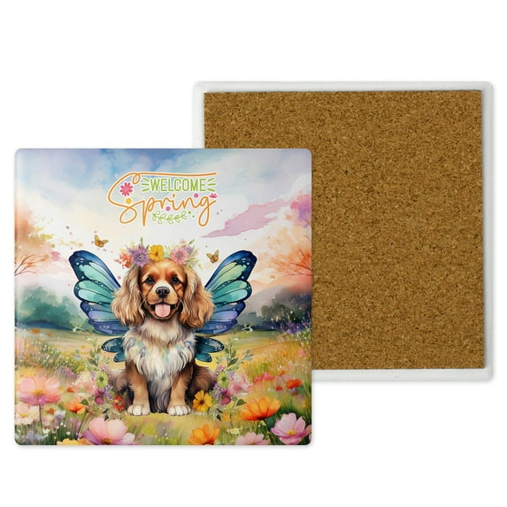 Welcome Spring Fairy Cavalier King Charles Spaniel in Flower Meadow Set of 4 Stone Coasters Dog Lover Gifts 4x4in Absorbent Soapstone Coaster - 13002