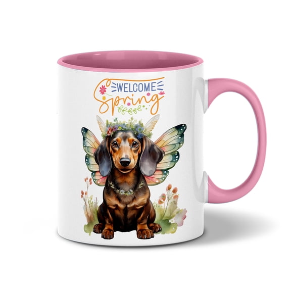 Welcome Spring Fairy Dachshund in Flower Meadow 11oz Accent Two-tone Mug Wiener Dog Lover Gifts Idea Coffee Tea Cup - 13002